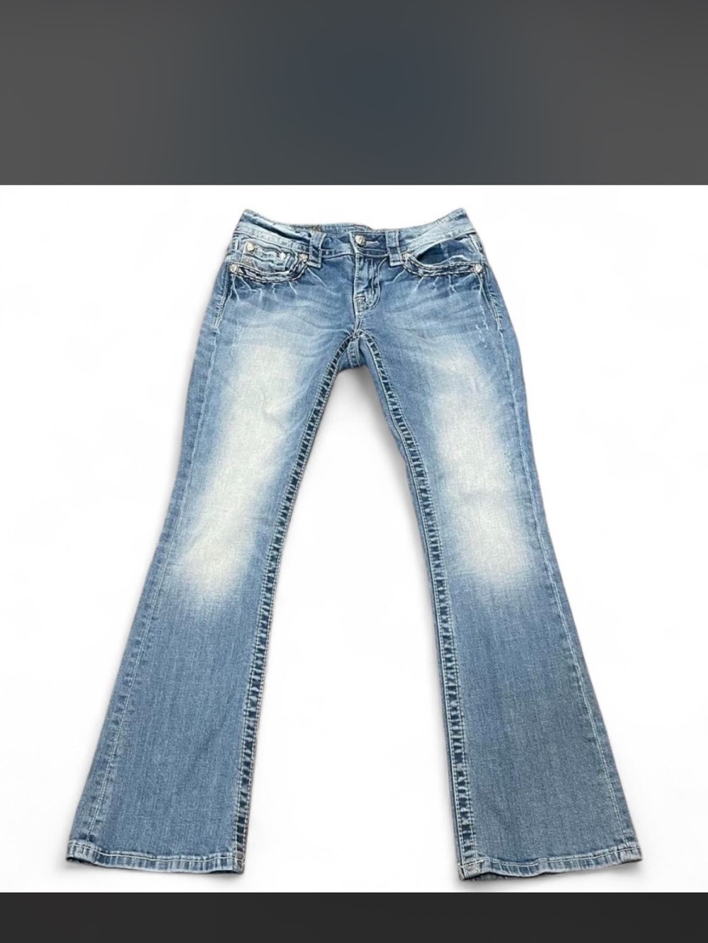 Miss Me Light Blue Flare Jeans with Subtle Whiskering